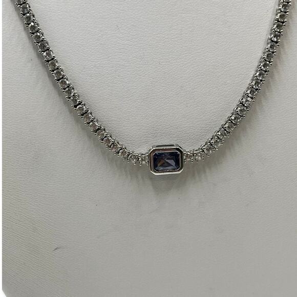 YGI Sterling Silver lolite/Tanzanite Emerald Cut Center Stone CZ Tennis Necklace - Picture 2 of 16
